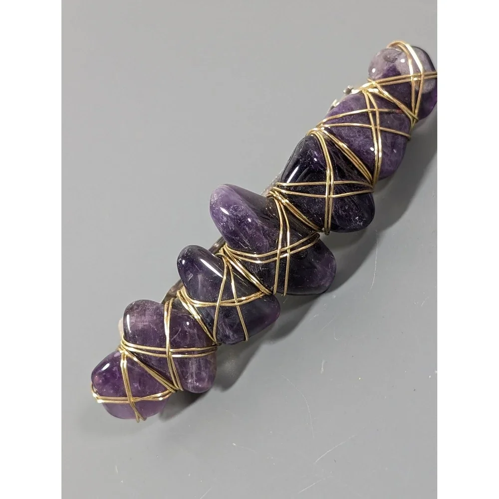 Artisan Purple Gemstone Wire Wrapped Hair Barrette Gold Tone Handmade